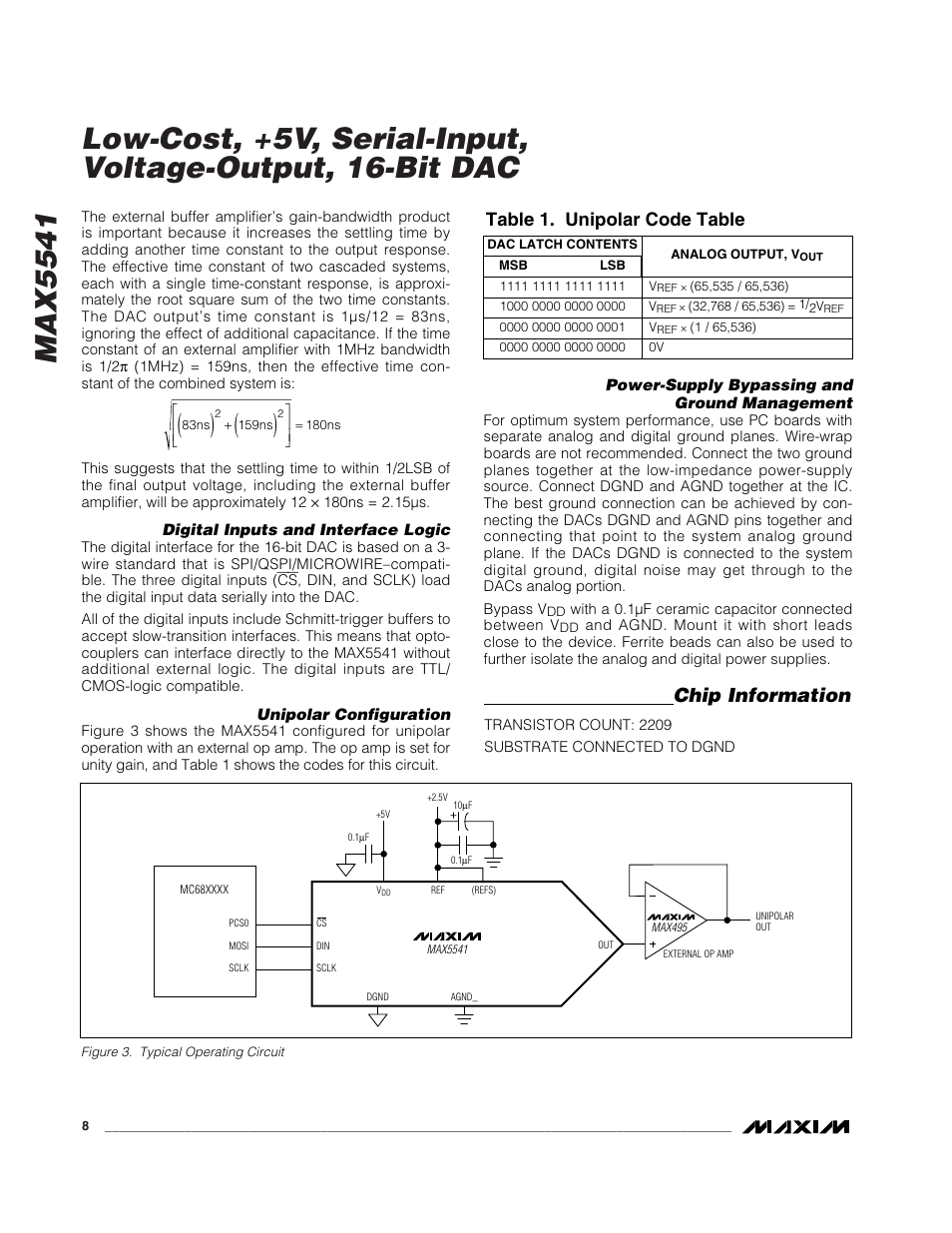 Chip information, Table 1. unipolar code table | Rainbow Electronics MAX5541 User Manual | Page 8 / 9