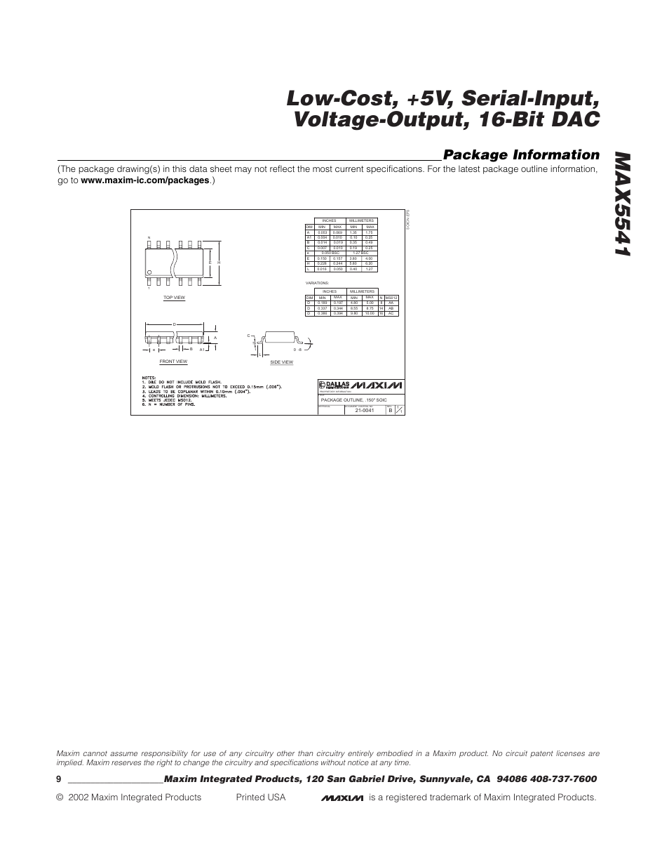 Package information | Rainbow Electronics MAX5541 User Manual | Page 9 / 9