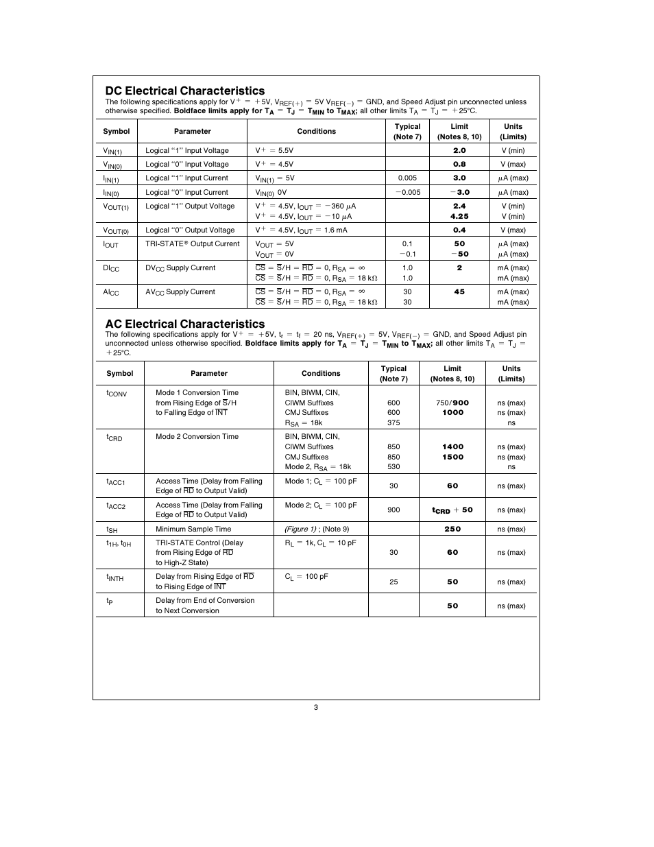 Dc electrical characteristics, Ac electrical characteristics | Rainbow Electronics ADC10064 User Manual | Page 3 / 18