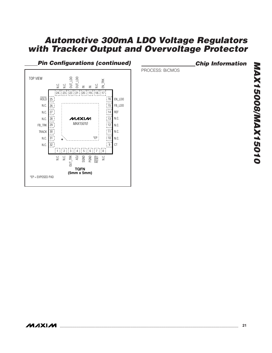 Chip information, Pin configurations (continued) | Rainbow Electronics MAX15010 User Manual | Page 21 / 24