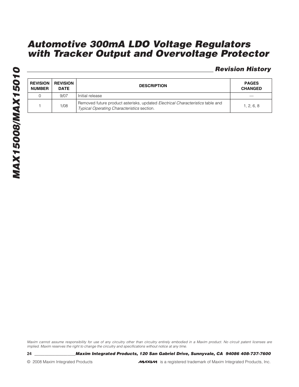 Revision history | Rainbow Electronics MAX15010 User Manual | Page 24 / 24