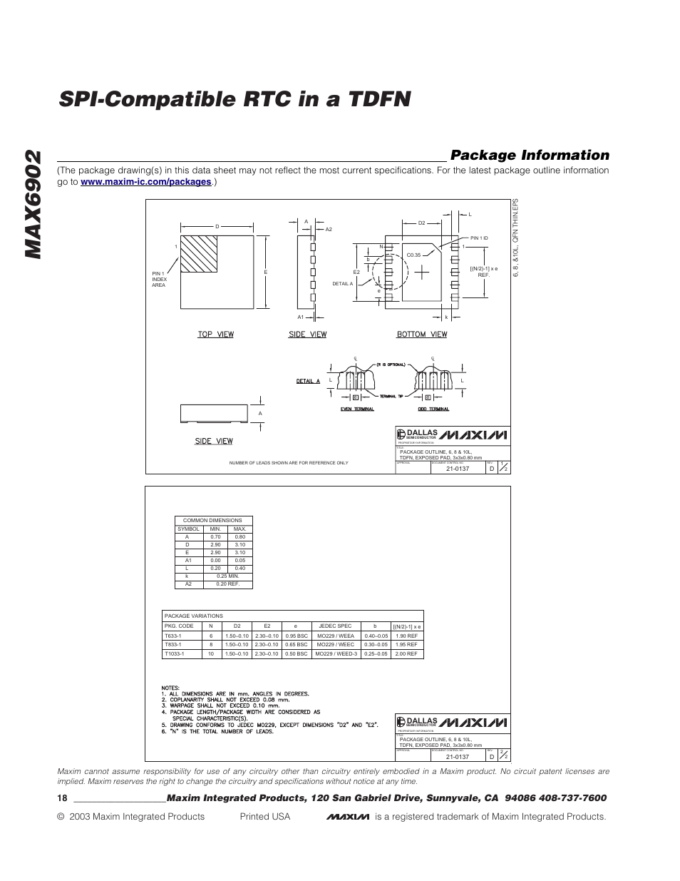 Max6902 spi-compatible rtc in a tdfn, Package information | Rainbow Electronics MAX6902 User Manual | Page 18 / 18