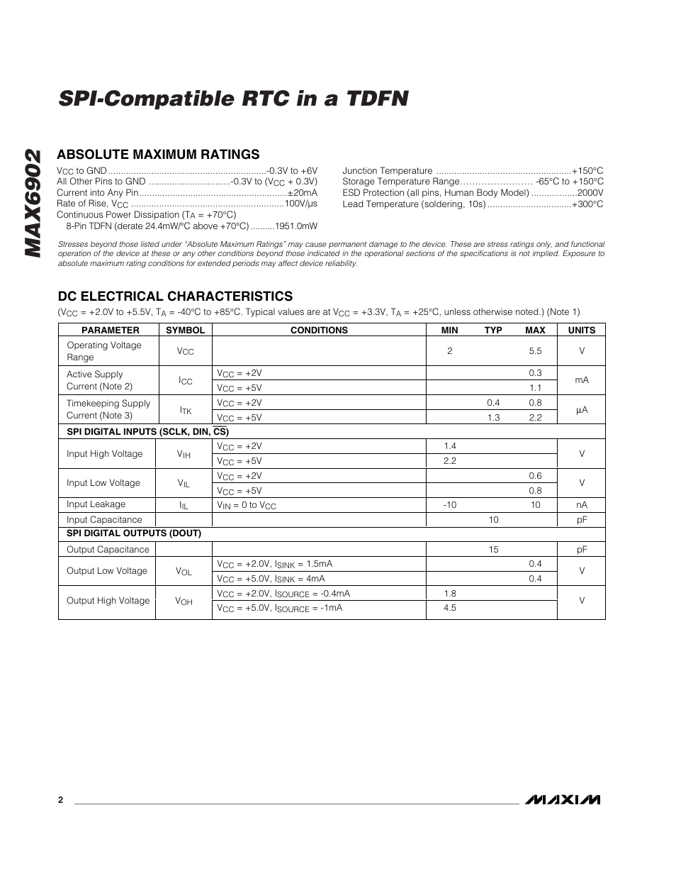 Max6902 spi-compatible rtc in a tdfn | Rainbow Electronics MAX6902 User Manual | Page 2 / 18