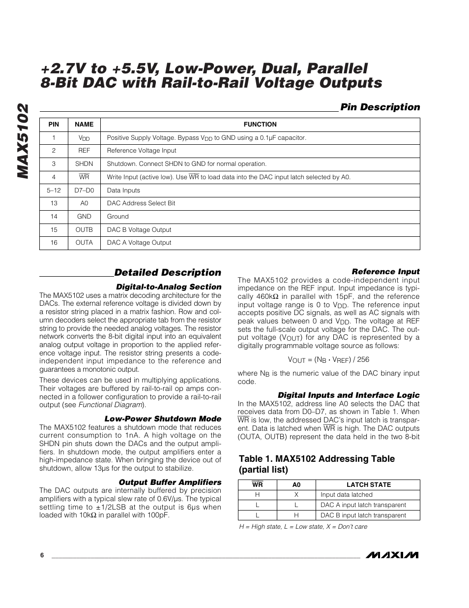 Pin description, Detailed description | Rainbow Electronics MAX5102 User Manual | Page 6 / 8