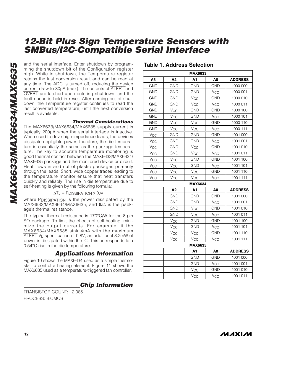 Bit plus sign temperature sensors with smbus/i, C-compatible serial interface, Applications information | Chip information, Table 1. address selection | Rainbow Electronics MAX6635 User Manual | Page 12 / 16