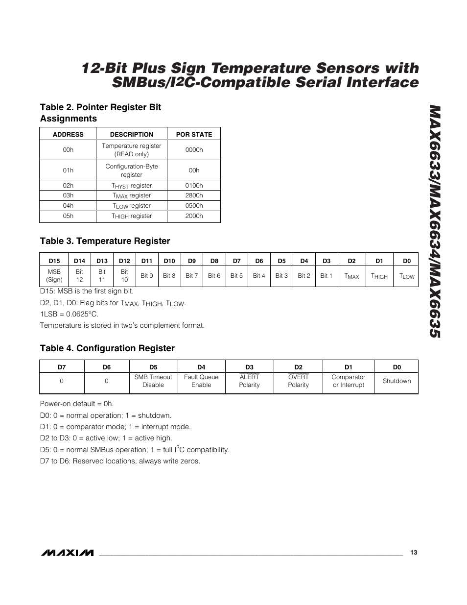 C-compatible serial interface, Table 2. pointer register bit assignments, Table 3. temperature register | Table 4. configuration register | Rainbow Electronics MAX6635 User Manual | Page 13 / 16