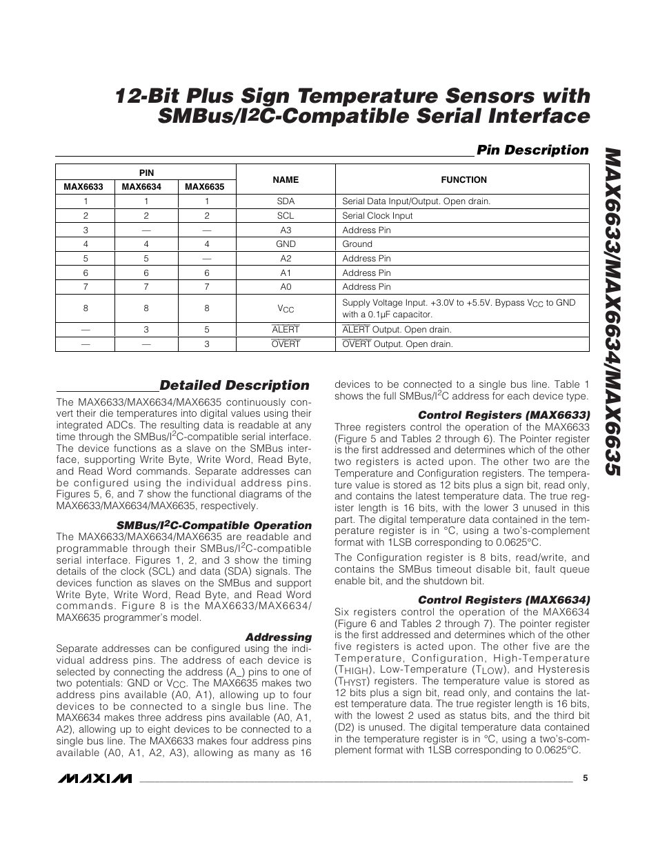 C-compatible serial interface, Detailed description, Pin description | Rainbow Electronics MAX6635 User Manual | Page 5 / 16