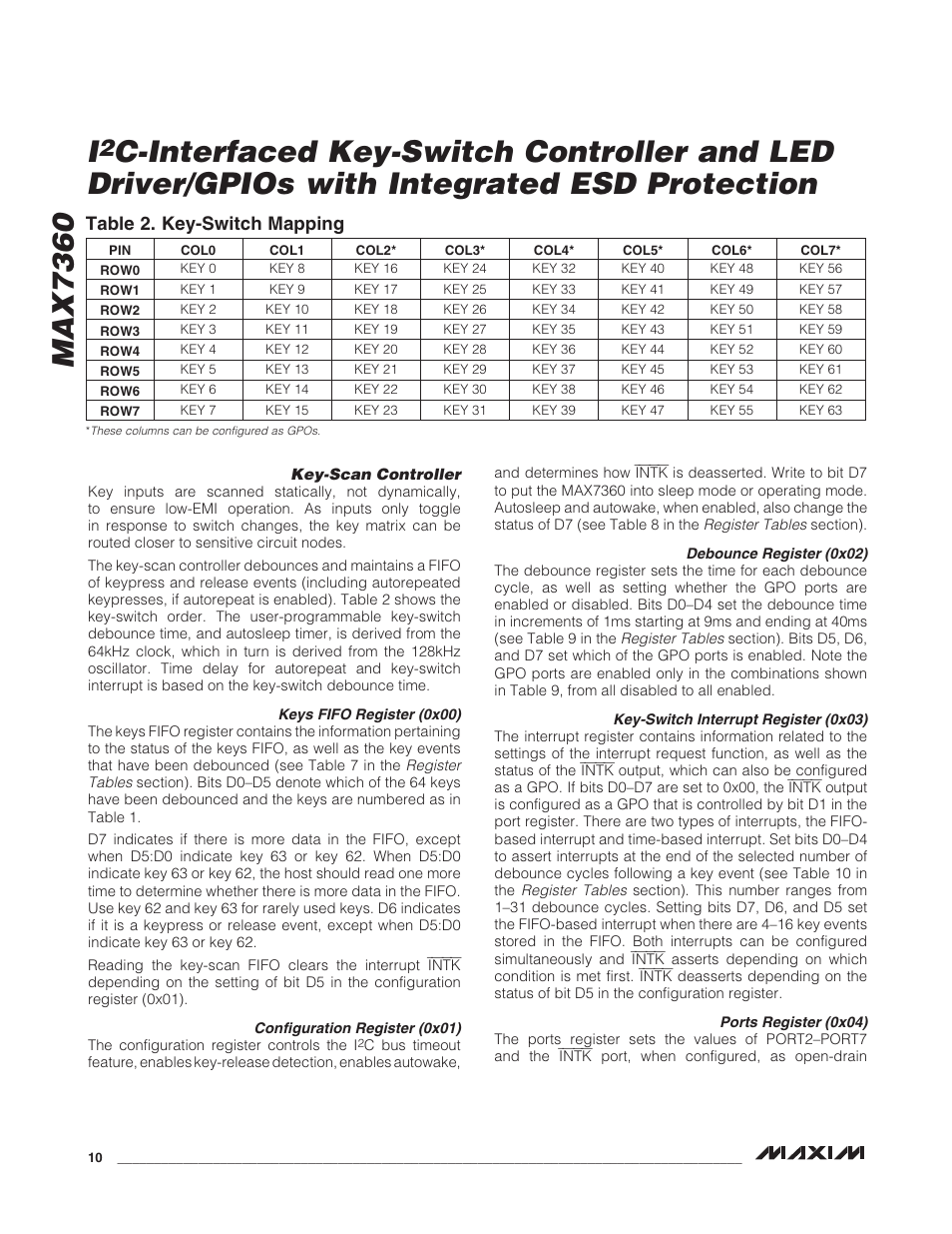 Table 2. key-switch mapping | Rainbow Electronics MAX7360 User Manual | Page 10 / 31