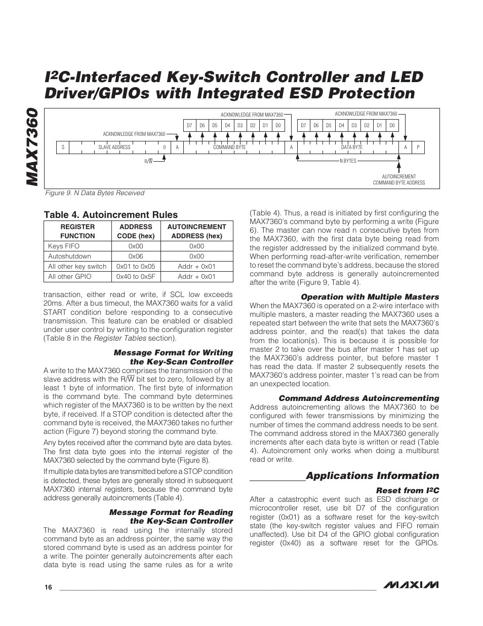 Applications information, Table 4. autoincrement rules | Rainbow Electronics MAX7360 User Manual | Page 16 / 31