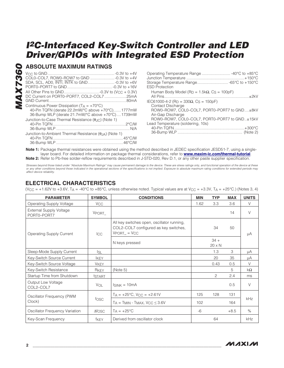 Electrical characteristics, Absolute maximum ratings | Rainbow Electronics MAX7360 User Manual | Page 2 / 31