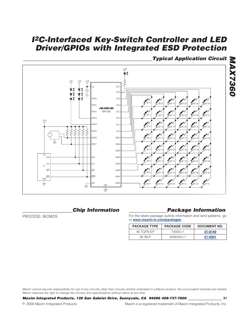 Package information, Chip information, Typical application circuit | Process: bicmos | Rainbow Electronics MAX7360 User Manual | Page 31 / 31