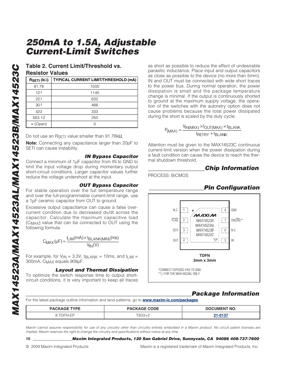 Chip information, Package information, Pin configuration | Rainbow Electronics MAX14523C User Manual | Page 10 / 10