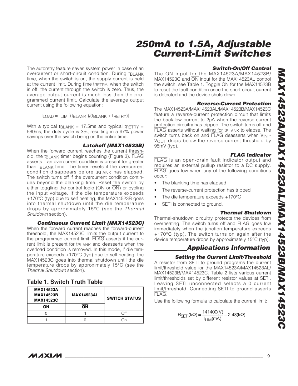 Applications information, Table 1. switch truth table | Rainbow Electronics MAX14523C User Manual | Page 9 / 10