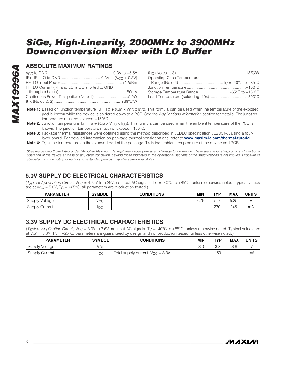 Absolute maximum ratings, 0v supply dc electrical characteristics, 3v supply dc electrical characteristics | Rainbow Electronics MAX19996A User Manual | Page 2 / 35