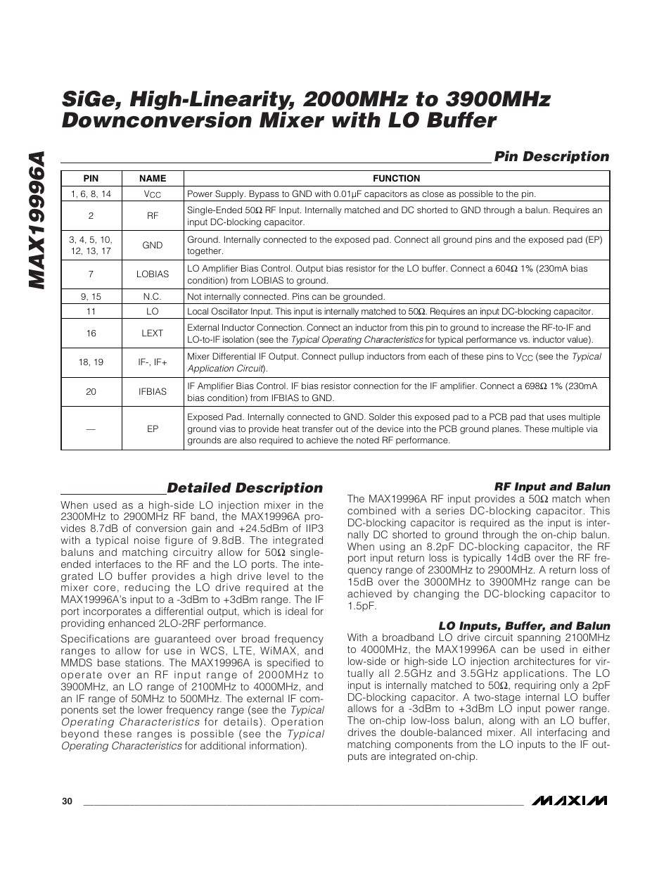 Detailed description, Pin description | Rainbow Electronics MAX19996A User Manual | Page 30 / 35