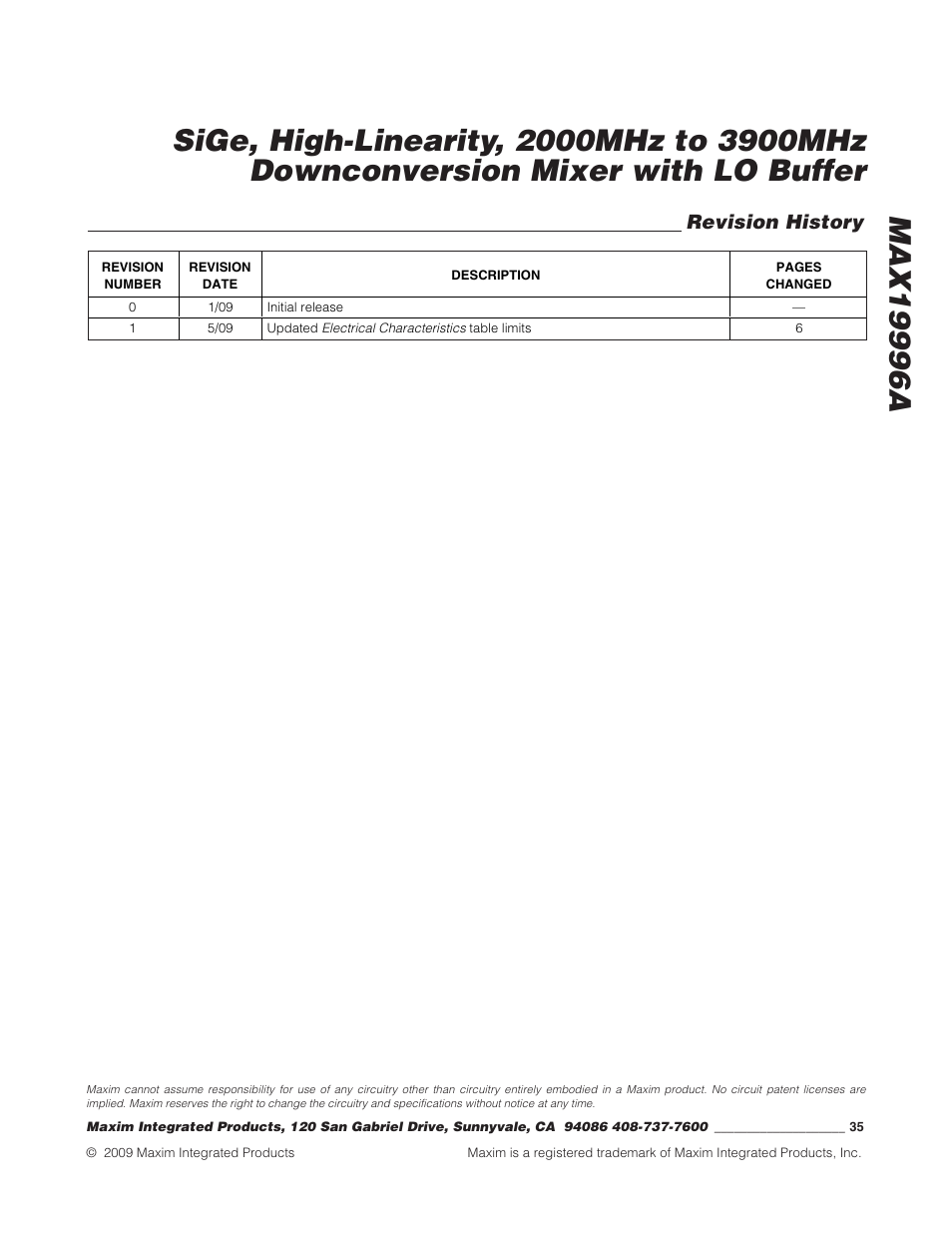 Revision history | Rainbow Electronics MAX19996A User Manual | Page 35 / 35