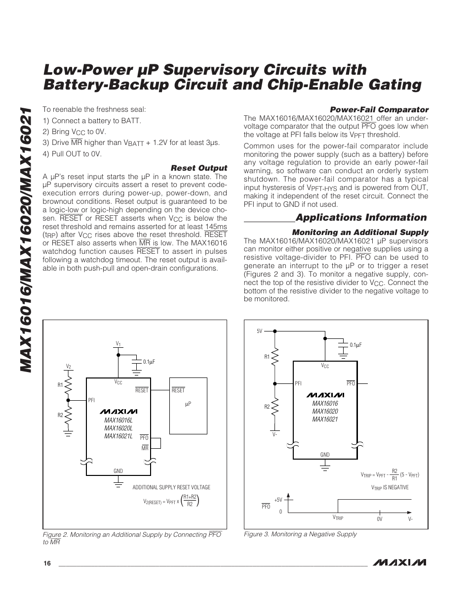 Applications information, Reset output, Power-fail comparator | Monitoring an additional supply | Rainbow Electronics MAX16021 User Manual | Page 16 / 21