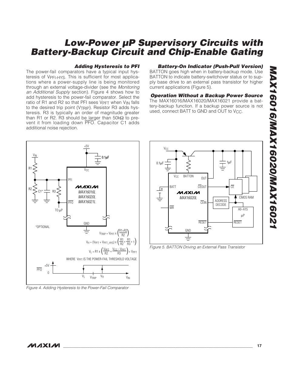 Adding hysteresis to pfi, Battery-on indicator (push-pull version), Operation without a backup power source | Rainbow Electronics MAX16021 User Manual | Page 17 / 21