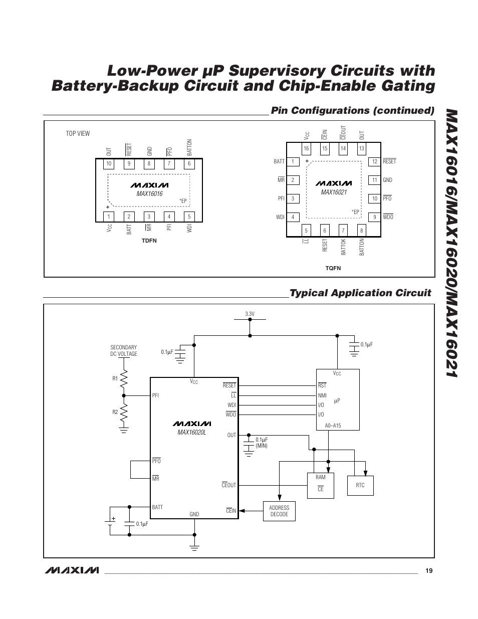 Pin configurations (continued), Typical application circuit | Rainbow Electronics MAX16021 User Manual | Page 19 / 21