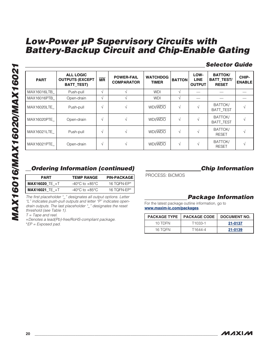 Package information, Selector guide, Ordering information (continued) | Chip information | Rainbow Electronics MAX16021 User Manual | Page 20 / 21