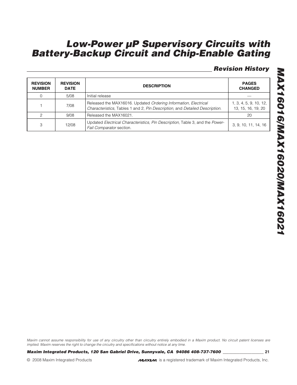 Revision history | Rainbow Electronics MAX16021 User Manual | Page 21 / 21