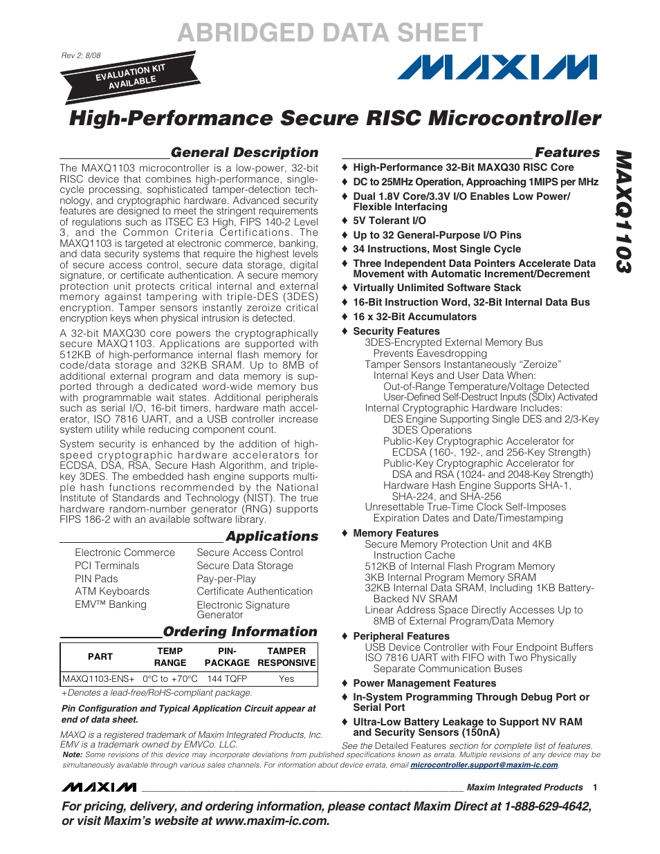 Rainbow Electronics MAXQ1103 User Manual | 2 pages