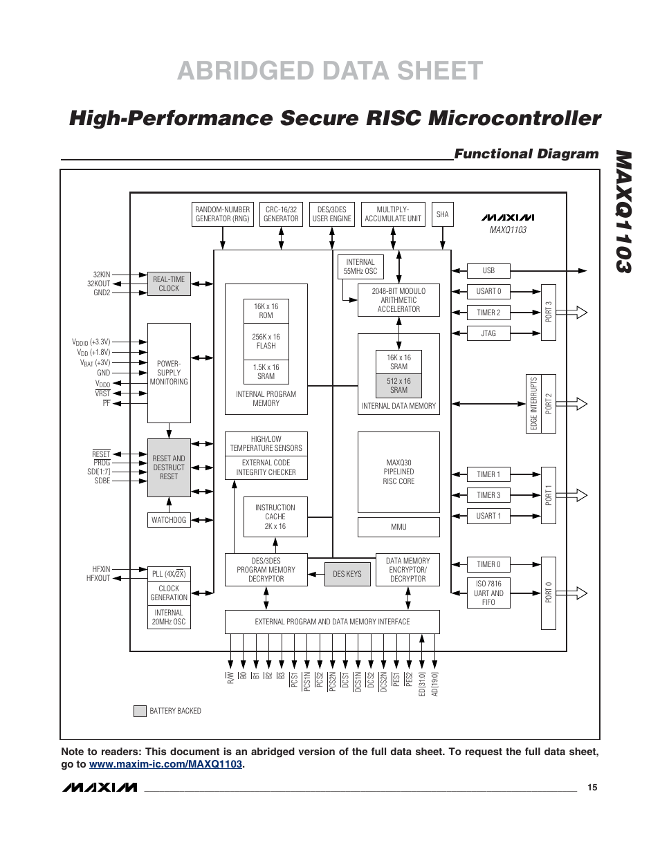 Abridged data sheet, Functional diagram | Rainbow Electronics MAXQ1103 User Manual | Page 2 / 2