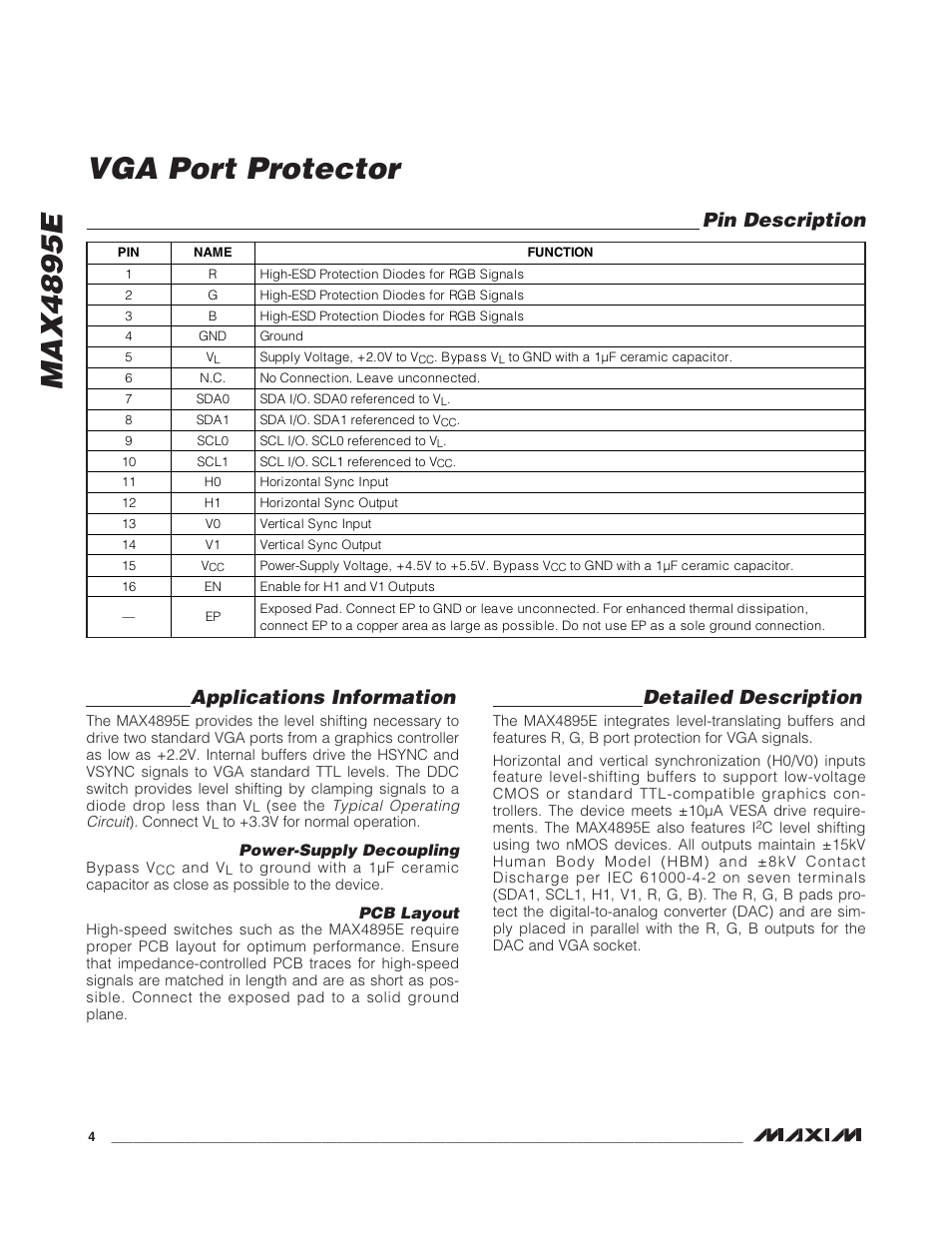 Max4895e, Vga port protector, Applications information | Detailed description, Pin description | Rainbow Electronics MAX4895E User Manual | Page 4 / 8