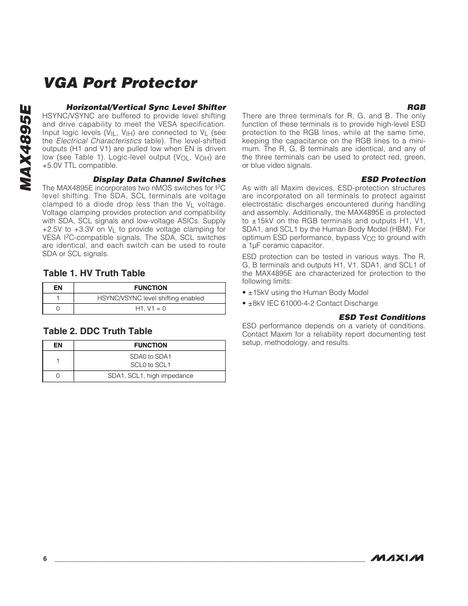 Max4895e vga port protector, Table 1. hv truth table, Table 2. ddc truth table | Rainbow Electronics MAX4895E User Manual | Page 6 / 8