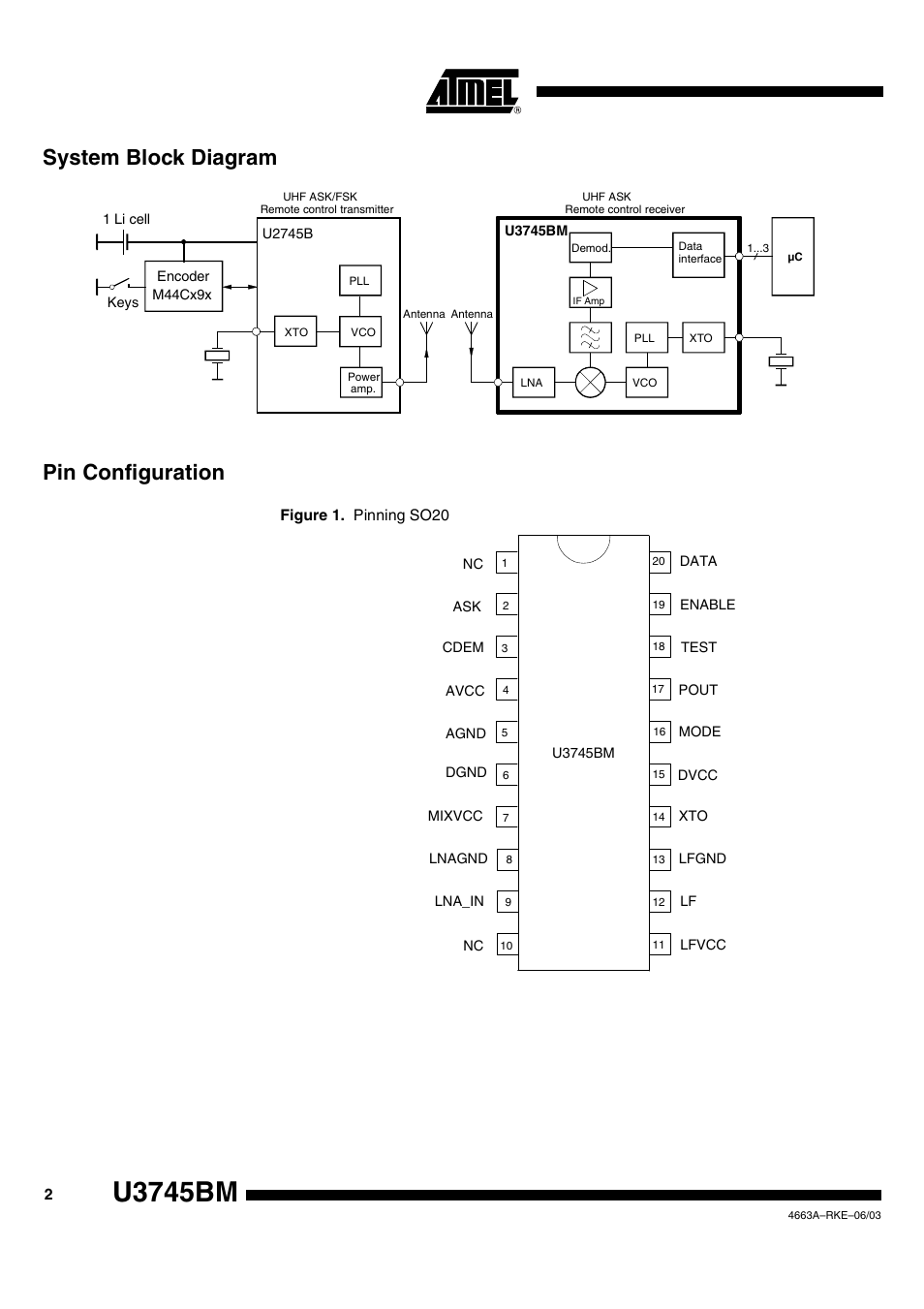 U3745bm, System block diagram pin configuration | Rainbow Electronics U3745BM User Manual | Page 2 / 29