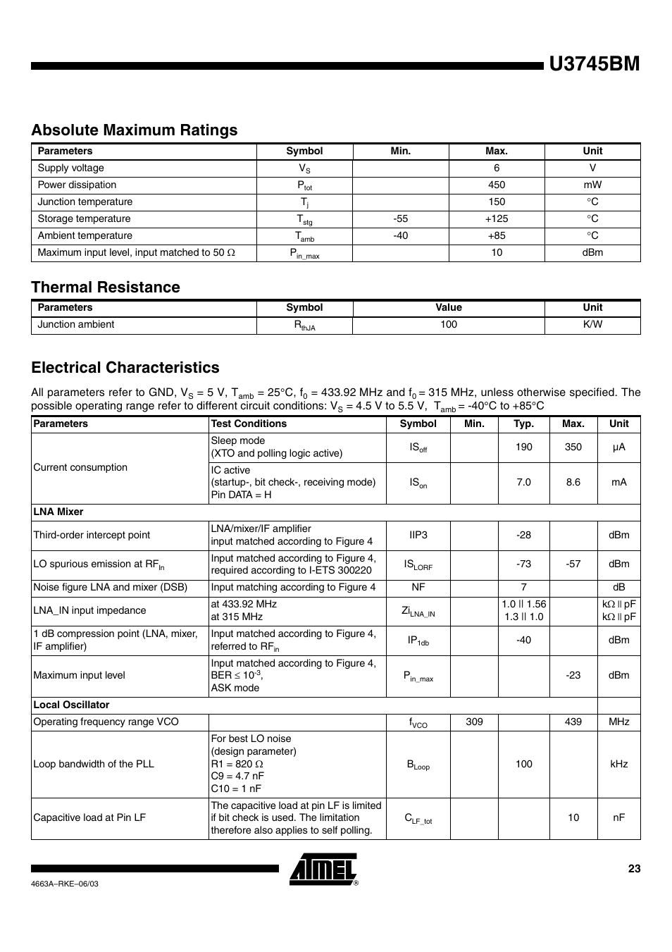 U3745bm, Absolute maximum ratings, Thermal resistance | Electrical characteristics | Rainbow Electronics U3745BM User Manual | Page 23 / 29