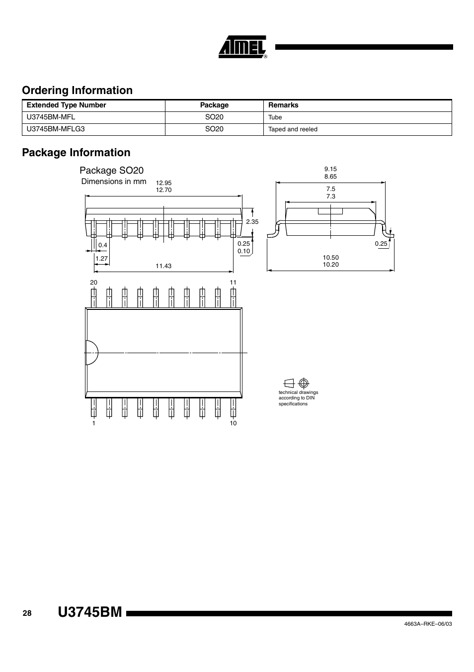 U3745bm, Package information ordering information, Package so20 | Rainbow Electronics U3745BM User Manual | Page 28 / 29