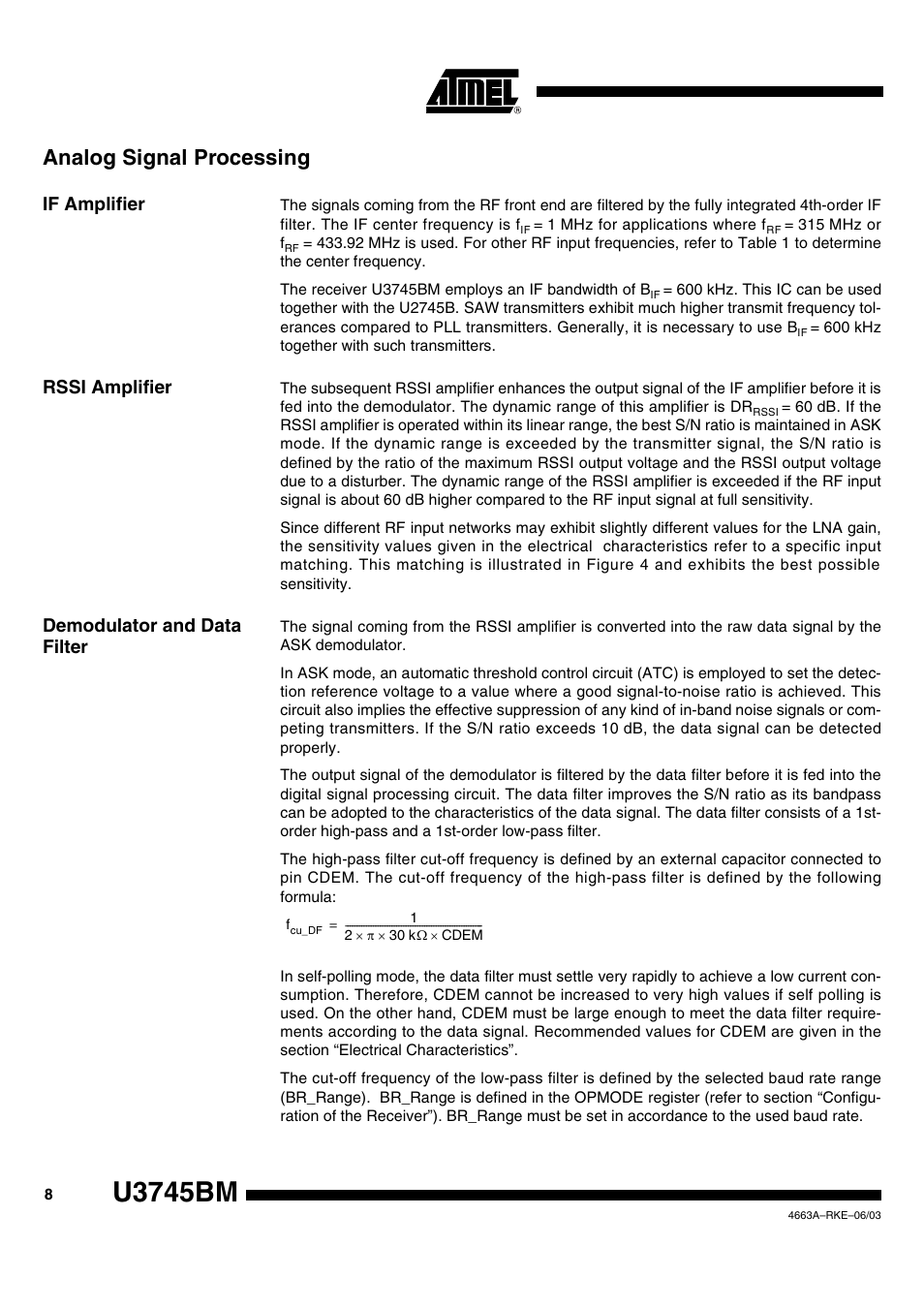 U3745bm, Analog signal processing, If amplifier | Rssi amplifier, Demodulator and data filter | Rainbow Electronics U3745BM User Manual | Page 8 / 29