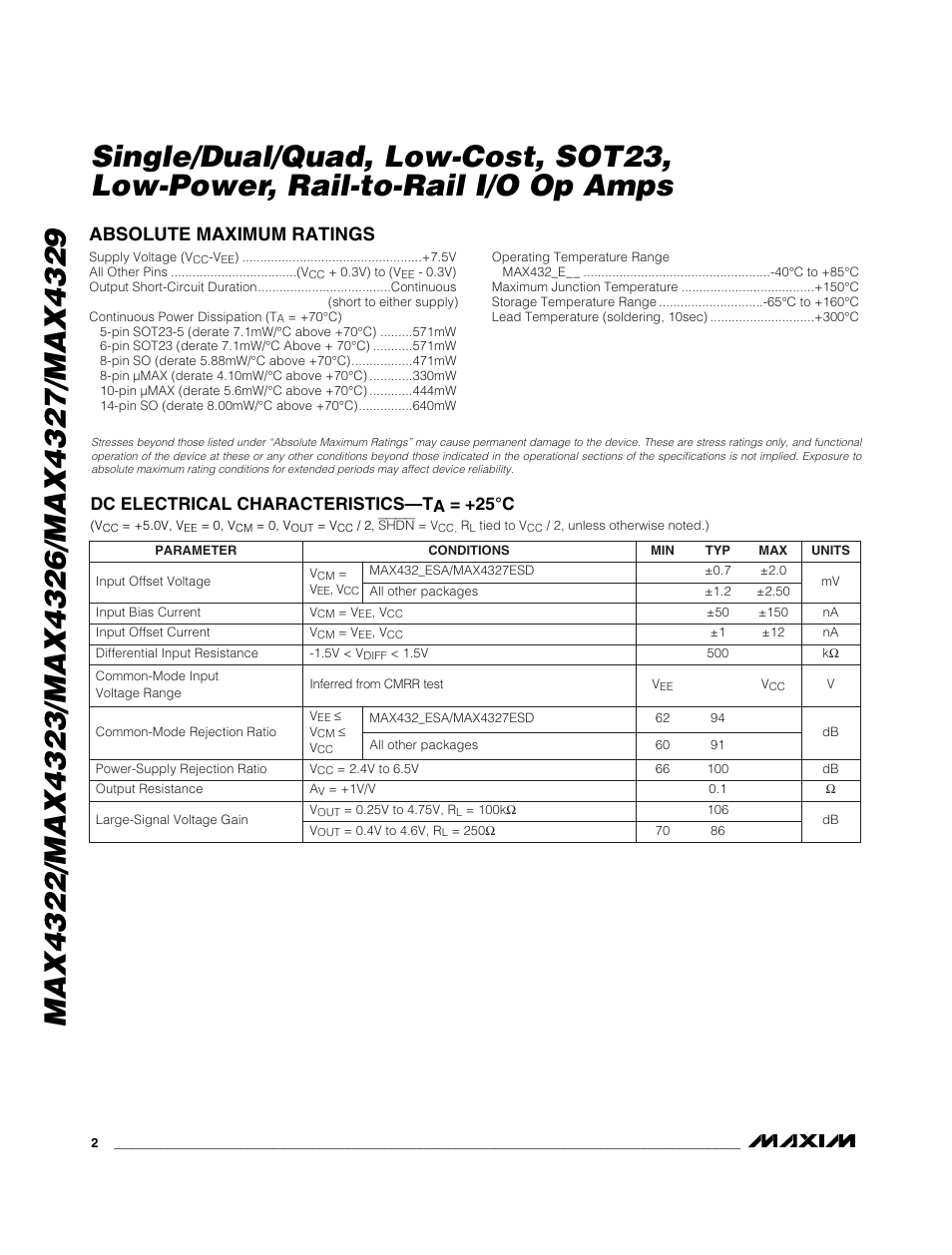 Absolute maximum ratings, Dc electrical characteristics—t, 25°c | Rainbow Electronics MAX4329 User Manual | Page 2 / 12