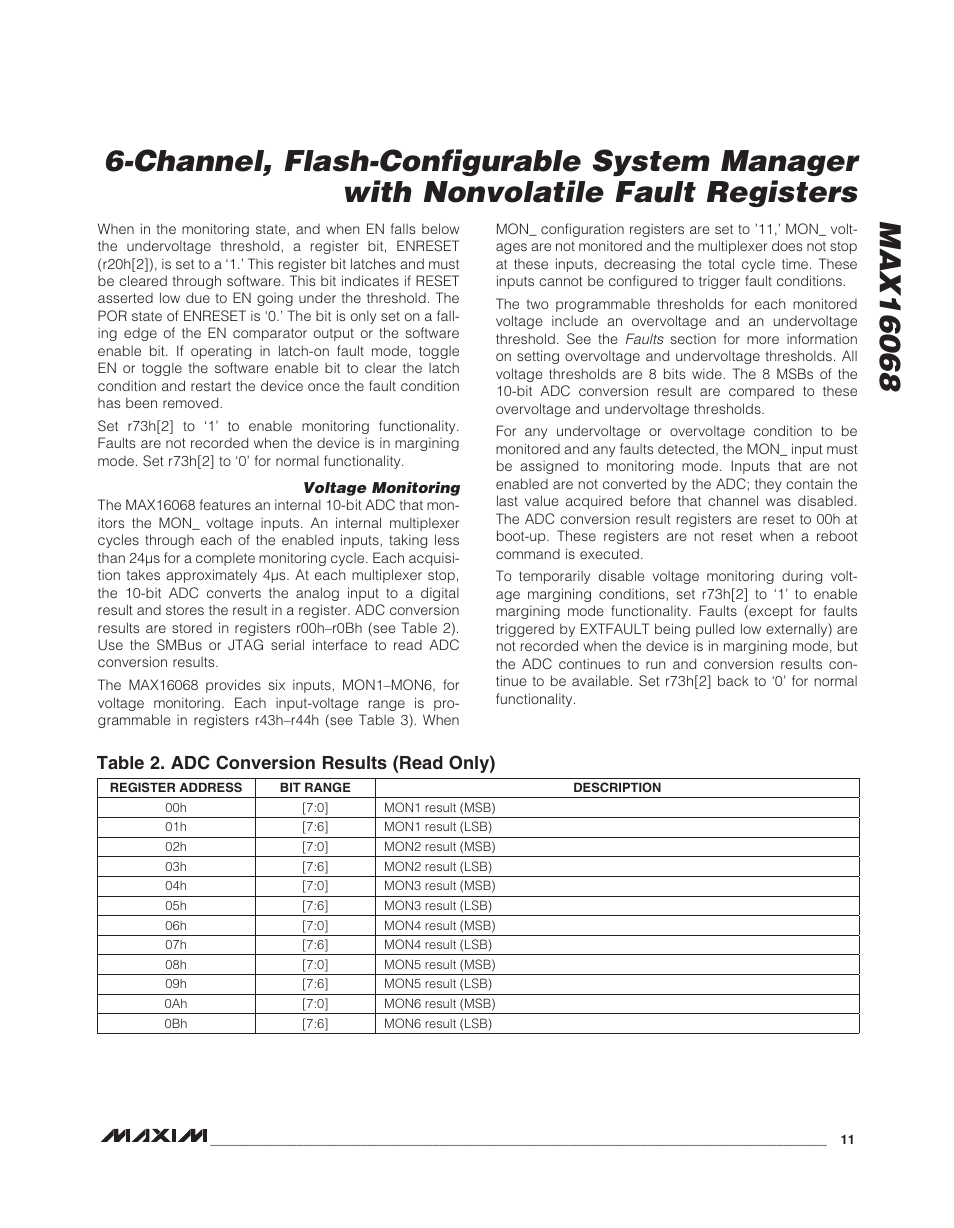 Table 2. adc conversion results (read only) | Rainbow Electronics MAX16068 User Manual | Page 11 / 40