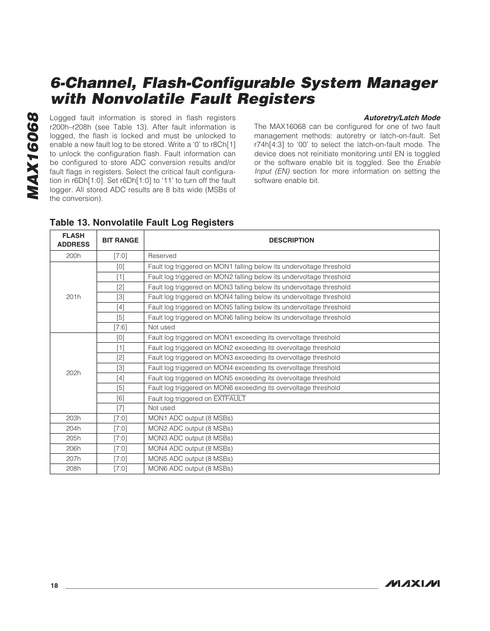 Table 13. nonvolatile fault log registers | Rainbow Electronics MAX16068 User Manual | Page 18 / 40