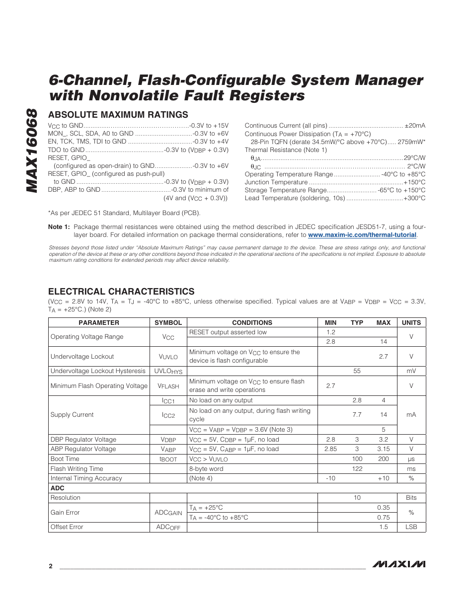 Electrical characteristics, Absolute maximum ratings | Rainbow Electronics MAX16068 User Manual | Page 2 / 40