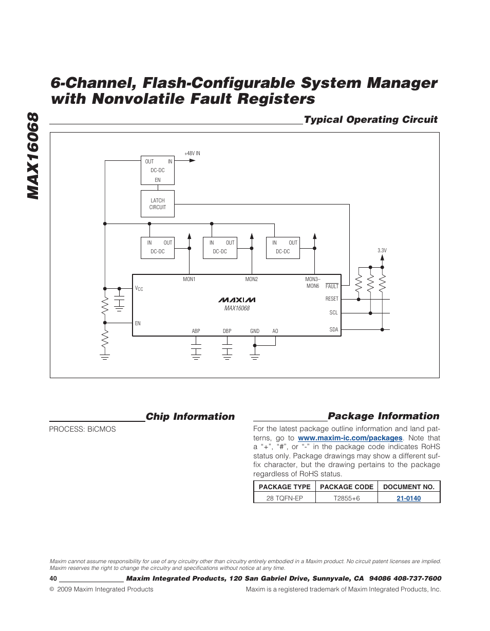 Typical operating circuit chip information, Package information | Rainbow Electronics MAX16068 User Manual | Page 40 / 40