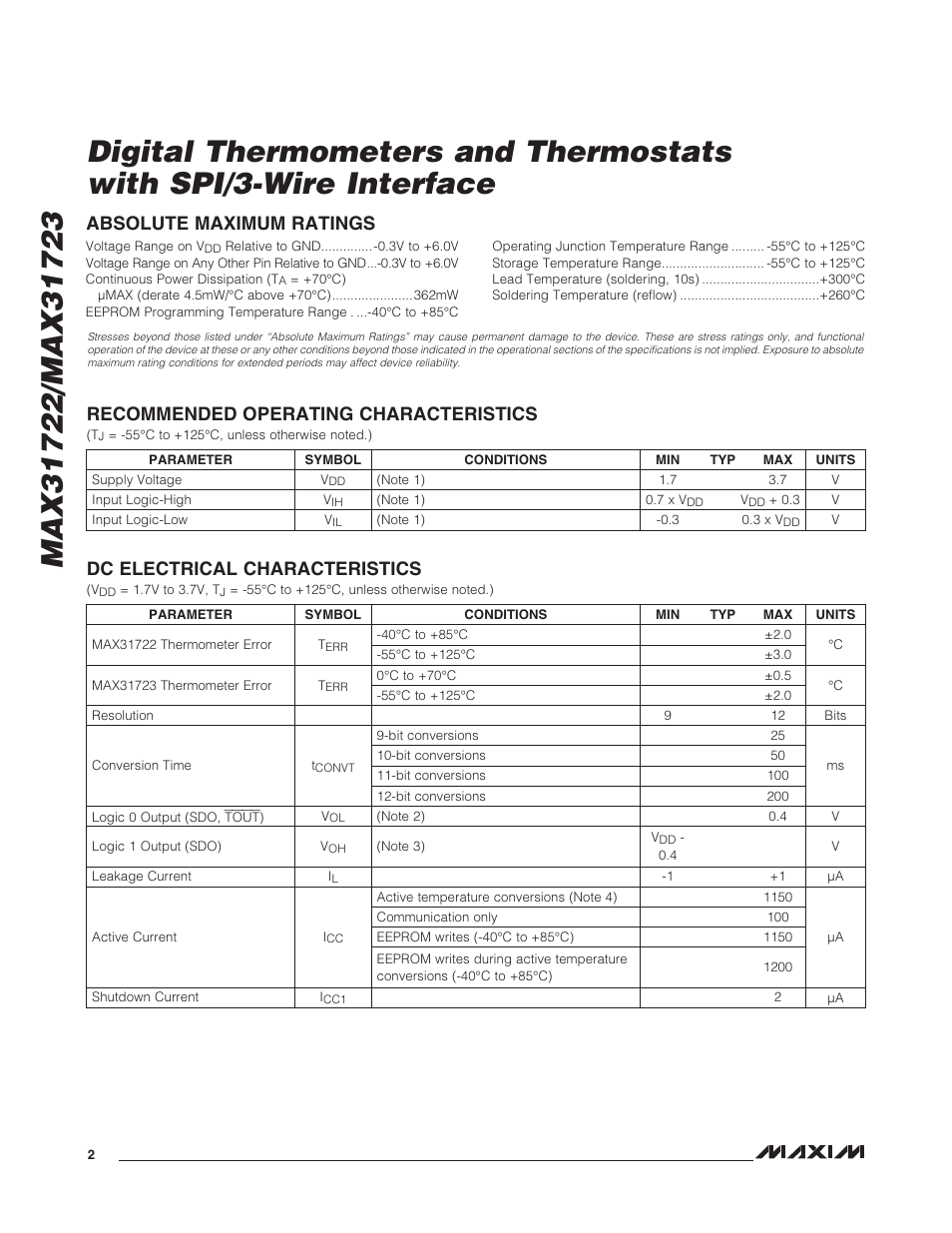 Recommended operating characteristics, Dc electrical characteristics, Absolute maximum ratings | Rainbow Electronics MAX31723 User Manual | Page 2 / 15