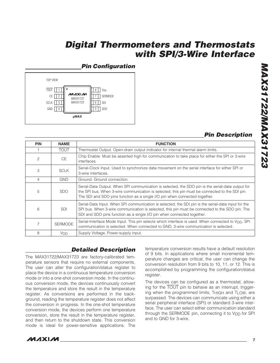 Detailed description, Pin configuration pin description | Rainbow Electronics MAX31723 User Manual | Page 7 / 15