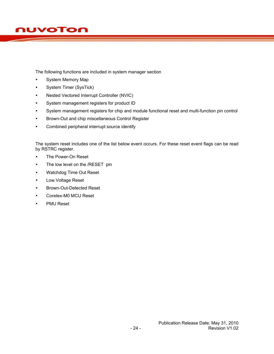 2 system manager, 1 overview, 2 system reset | System manager, Overview, System reset, Nuc130 series data sheet | Rainbow Electronics NUC130 User Manual | Page 24 / 71