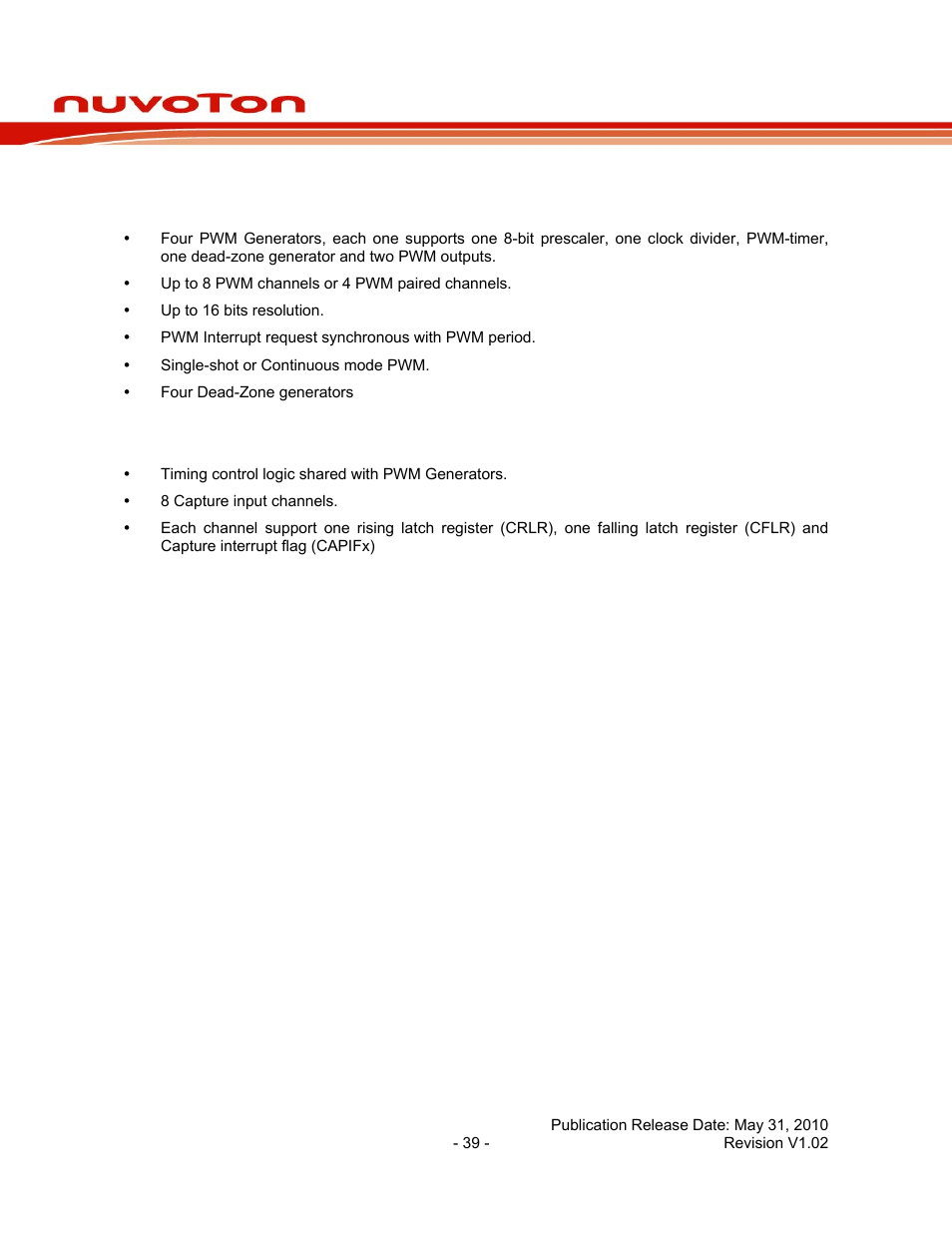 2 features, 1 pwm function features, 2 capture function features | Features, Nuc130 series data sheet | Rainbow Electronics NUC130 User Manual | Page 39 / 71