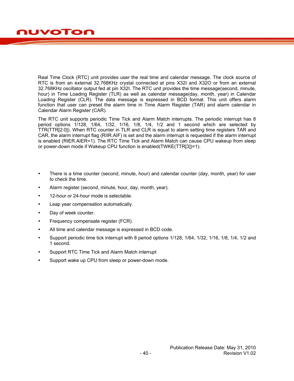 7 real time clock (rtc), 1 overview, 2 rtc features | Real time clock (rtc), Overview, Rtc features, Nuc130 series data sheet | Rainbow Electronics NUC130 User Manual | Page 40 / 71