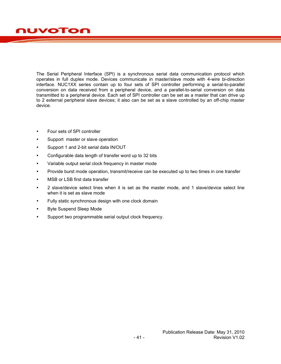 8 serial peripheral interface (spi) controller, 1 overview, 2 features | Serial peripheral interface (spi) controller, Overview, Features, Cortex-m0, Processor, Core, Nuc130 series data sheet | Rainbow Electronics NUC130 User Manual | Page 41 / 71