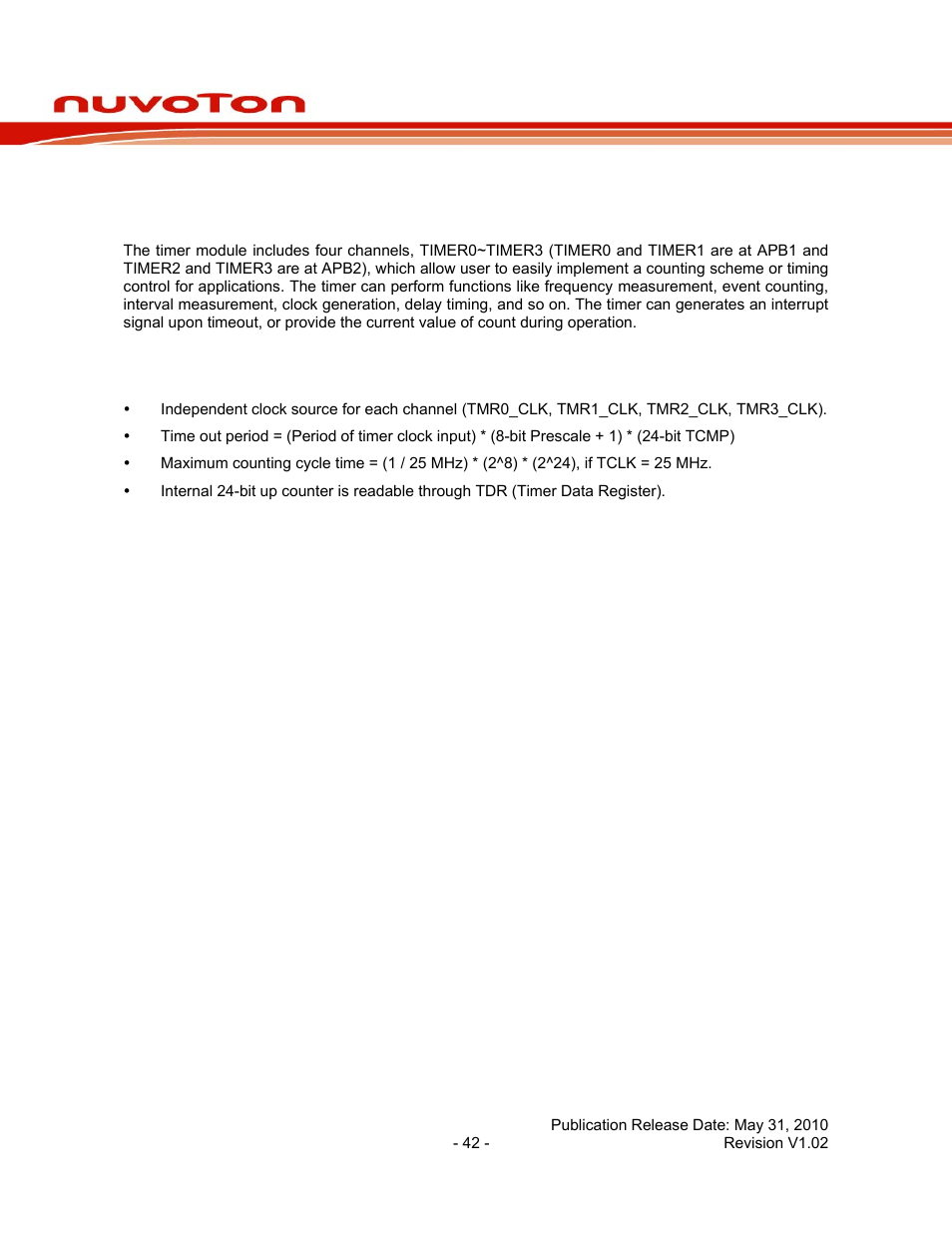 9 timer controller, 1 general timer controller, 2 features | Timer controller, General timer controller, Features, Nuc130 series data sheet | Rainbow Electronics NUC130 User Manual | Page 42 / 71
