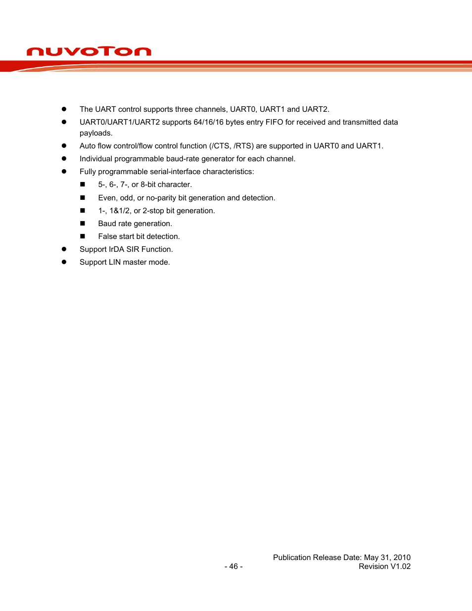 2 features of uart controller, Features of uart controller, Nuc130 series data sheet | Rainbow Electronics NUC130 User Manual | Page 46 / 71