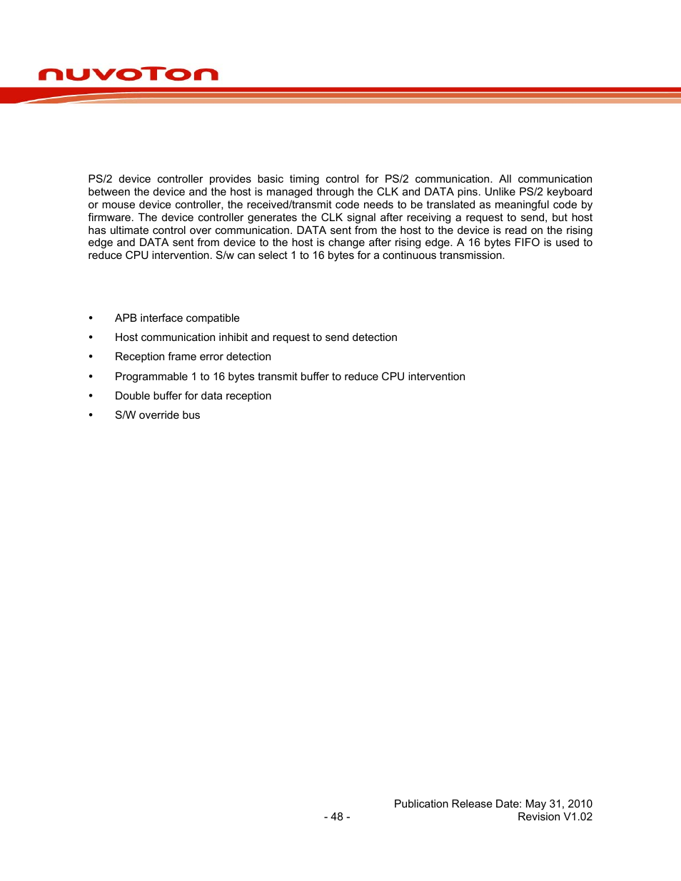 13 ps2 device controller (ps2d), 1 overview, 2 features | Ps2 device controller (ps2d), Overview, Features, Nuc130 series data sheet | Rainbow Electronics NUC130 User Manual | Page 48 / 71