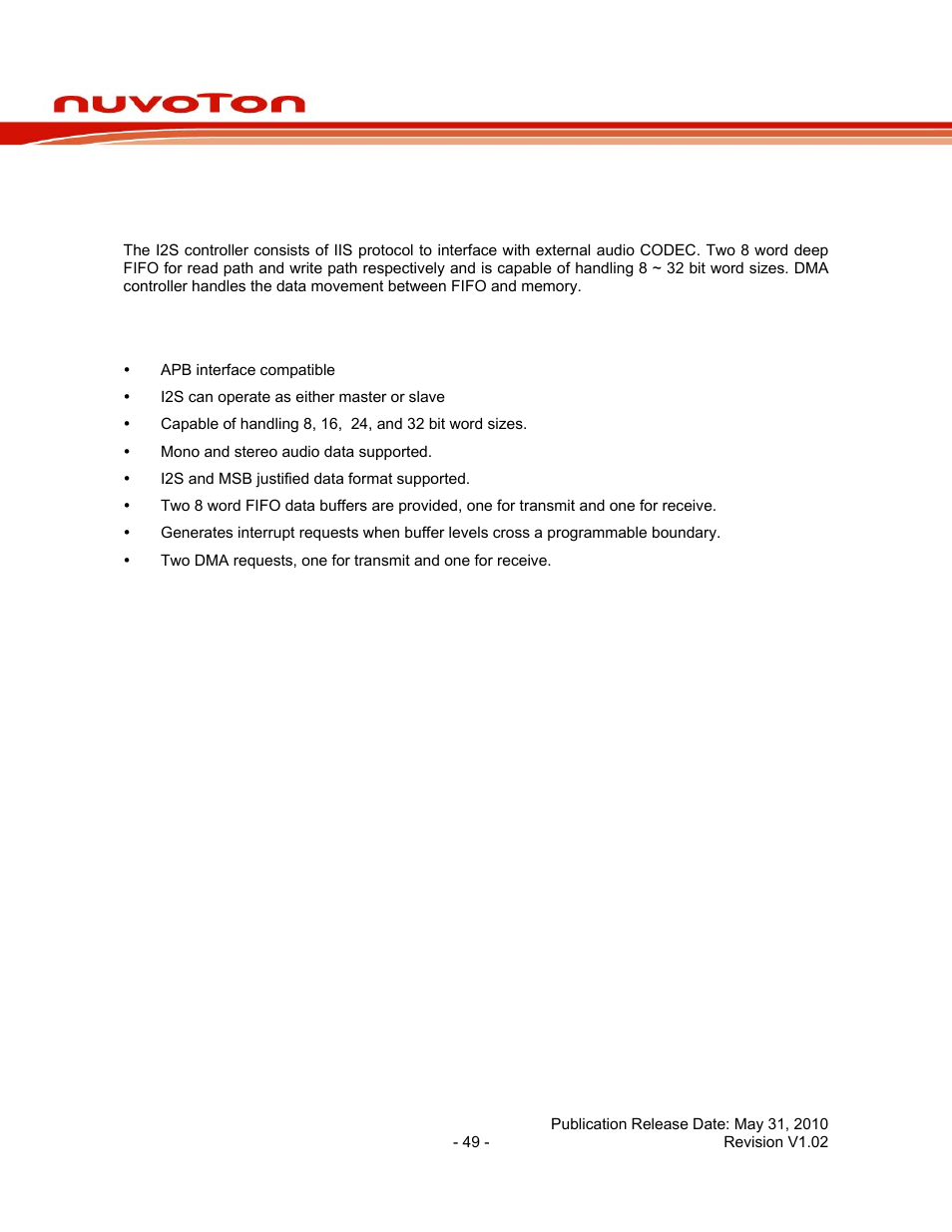 14 i2s controller, 1 overview, 2 features | I2s controller, Overview, Features, Nuc130 series data sheet | Rainbow Electronics NUC130 User Manual | Page 49 / 71