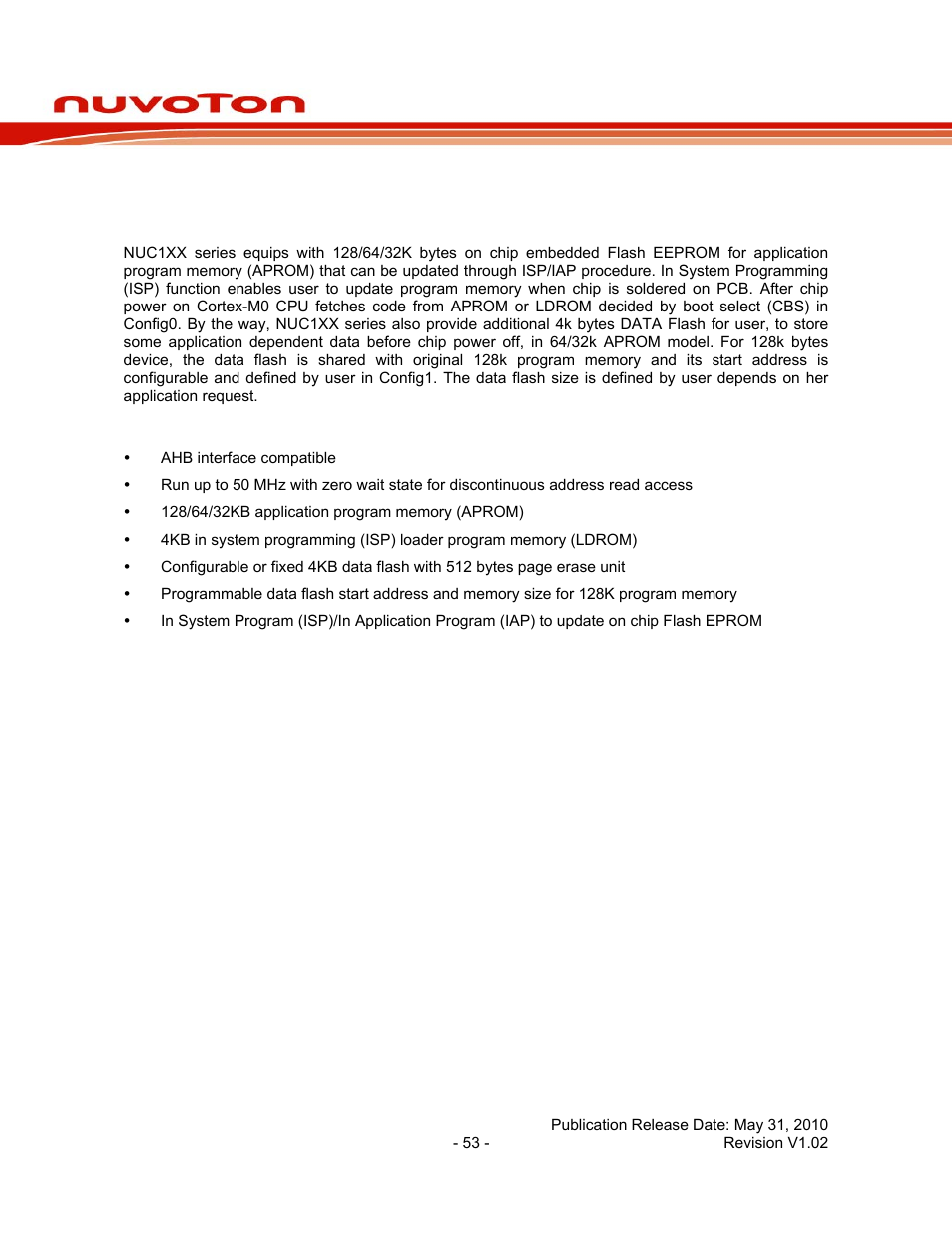 6 flash memory controller (fmc), 1 overview, 2 features | Flash memory controller (fmc), Overview, Features, Nuc130 series data sheet | Rainbow Electronics NUC130 User Manual | Page 53 / 71