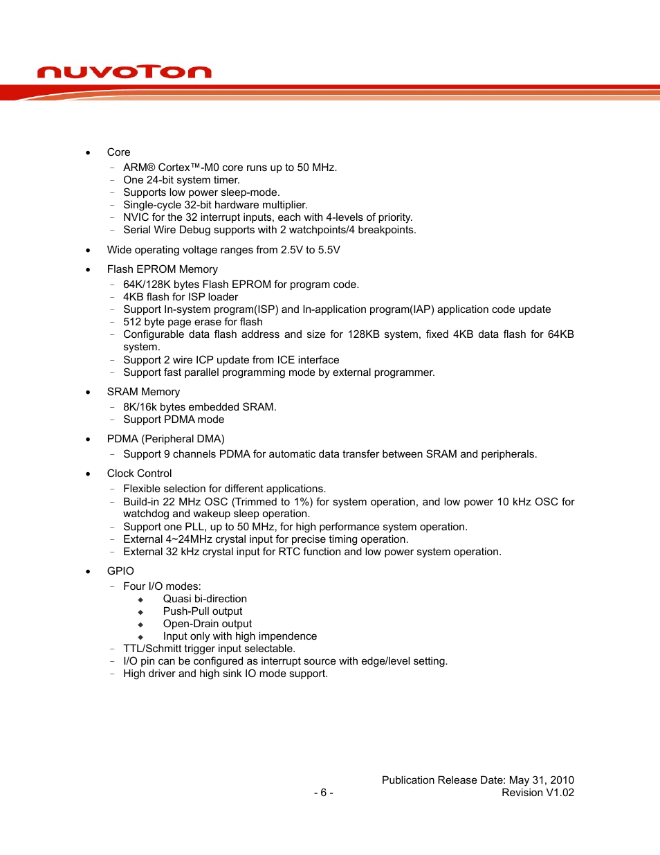 2 features, Features, Nuc130 series data sheet | Rainbow Electronics NUC130 User Manual | Page 6 / 71